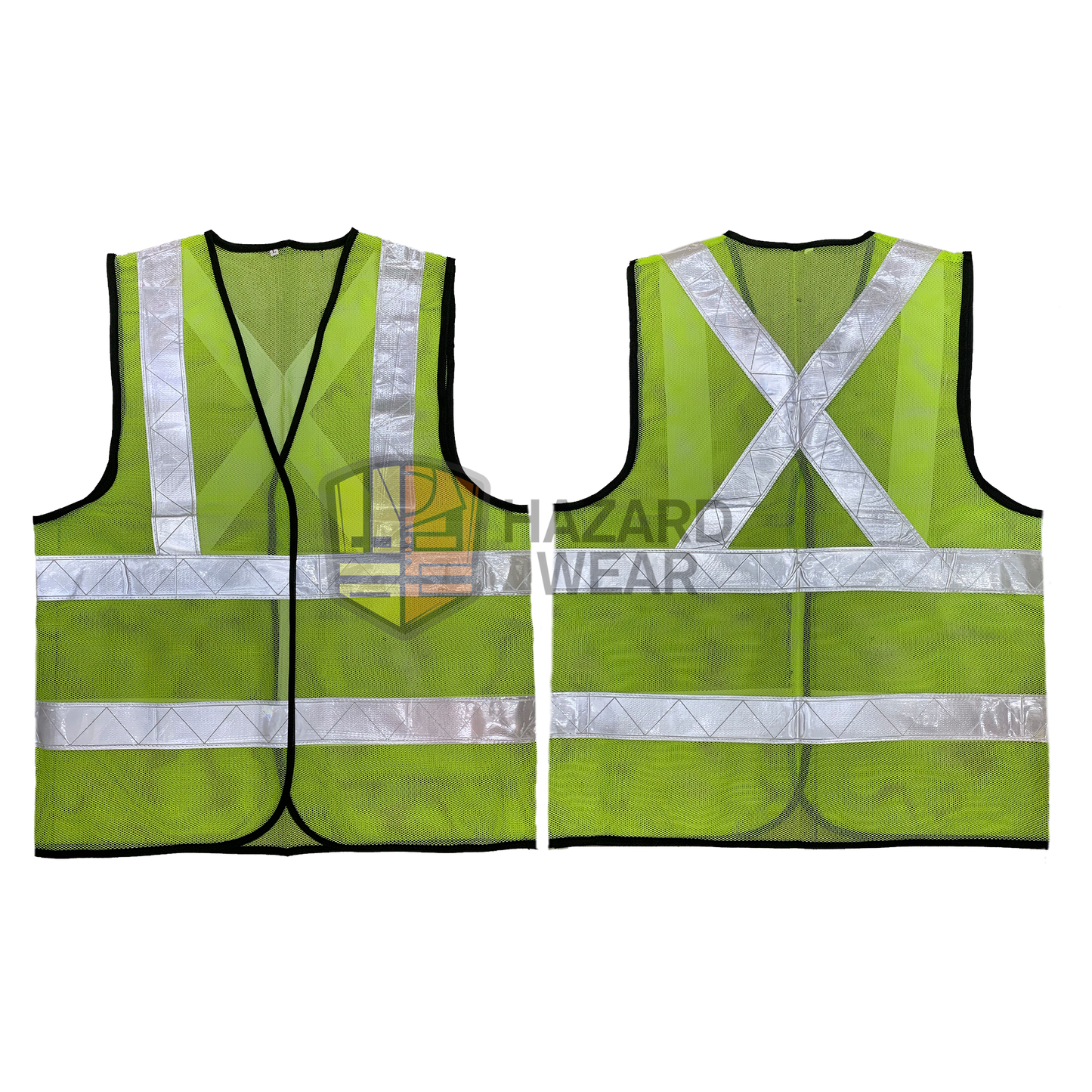 HVSA01 Green Safety Vest with Back X Shape, no pockets, Velcro closure For construction workers, road workers, security guards, warehouse workers, traffic controllers, emergency responders, cyclists, event staff, delivery drivers, airport ground crew, maintenance technicians, customization available.