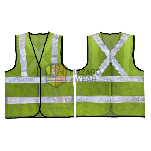 HVSA01 Green Safety Vest with Back X Shape, no pockets, Velcro closure For construction workers, road workers, security guards, warehouse workers, traffic controllers, emergency responders, cyclists, event staff, delivery drivers, airport ground crew, maintenance technicians, customization available.