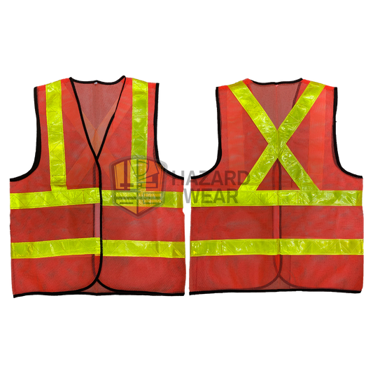 HVSA01 Red and Yellow safety vest with back X shape, no pockets velcro closure For construction workers, road workers, security guards, warehouse workers, traffic controllers, emergency responders, cyclists, event staff, delivery drivers, airport ground crew, maintenance technicians, customization available.