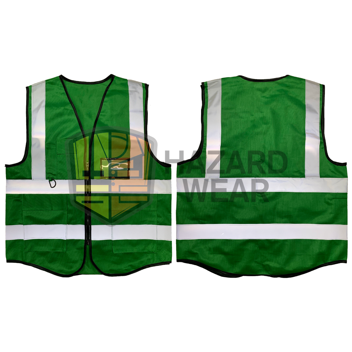 HVSA03 Forest Green Safety Vest with back H pattern multiple pockets and zip closure Designed for construction workers, road workers, security guards, warehouse staff, emergency responders, cyclists, and more. Customization available