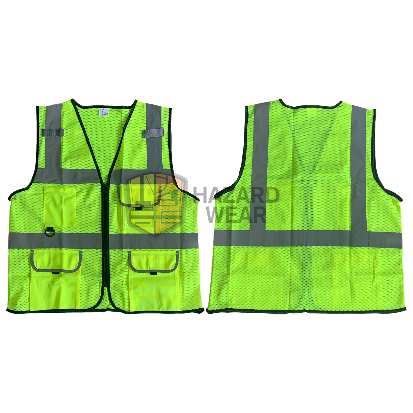 HVSA07 Green Safety Vest back H pattern with multiple functional pockets zip closure mesh material Designed for construction workers, road workers, security guards, warehouse staff, emergency responders, cyclists, and more. Customization available