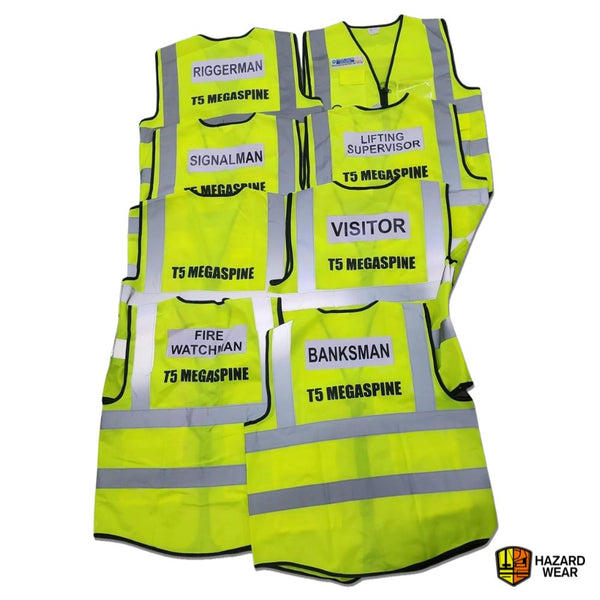 Customised high-visibility safety vests with printed job roles and company logo. Megaspine
