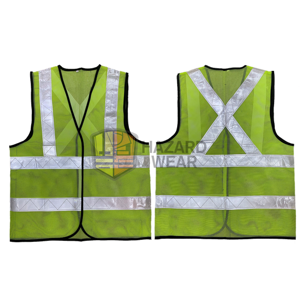HVSA01 Green Safety Vest with Back X Shape, no pockets, Velcro closure For construction workers, road workers, security guards, warehouse workers, traffic controllers, emergency responders, cyclists, event staff, delivery drivers, airport ground crew, maintenance technicians, customization available.