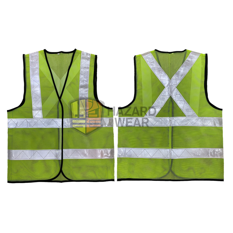 HVSA01 Green Safety Vest with Back X Shape, no pockets, Velcro closure For construction workers, road workers, security guards, warehouse workers, traffic controllers, emergency responders, cyclists, event staff, delivery drivers, airport ground crew, maintenance technicians, customization available.