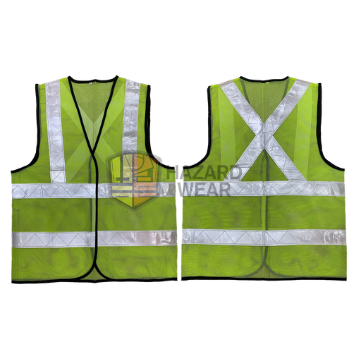 HVSA01 Green Safety Vest with Back X Shape, no pockets, Velcro closure For construction workers, road workers, security guards, warehouse workers, traffic controllers, emergency responders, cyclists, event staff, delivery drivers, airport ground crew, maintenance technicians, customization available.