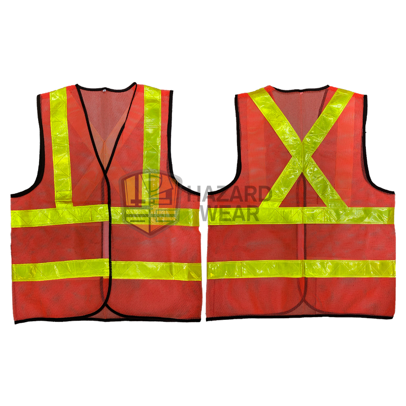 HVSA01 Red and Yellow safety vest with back X shape, no pockets velcro closure For construction workers, road workers, security guards, warehouse workers, traffic controllers, emergency responders, cyclists, event staff, delivery drivers, airport ground crew, maintenance technicians, customization available.