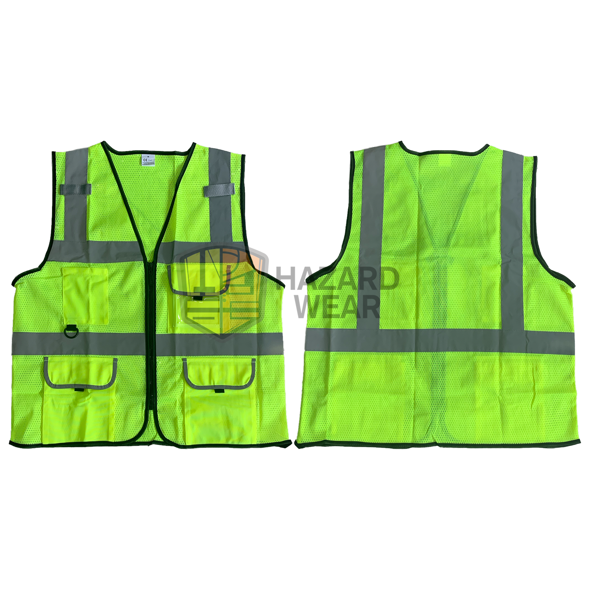 HVSA07 Green Safety Vest back H pattern with multiple functional pockets zip closure mesh material Designed for construction workers, road workers, security guards, warehouse staff, emergency responders, cyclists, and more. Customization available