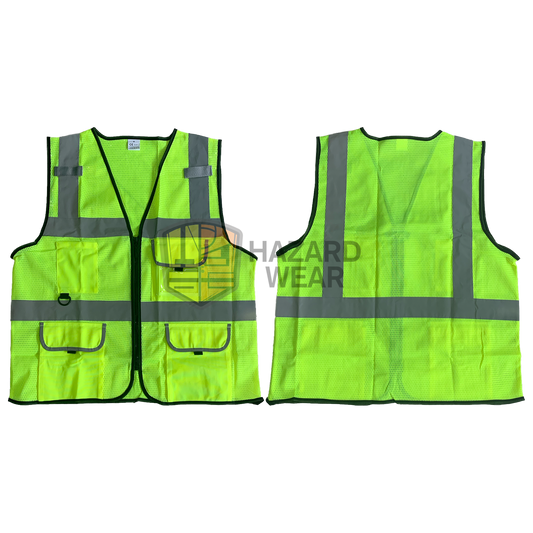 HVSA07 Green Safety Vest back H pattern with multiple functional pockets zip closure mesh material Designed for construction workers, road workers, security guards, warehouse staff, emergency responders, cyclists, and more. Customization available