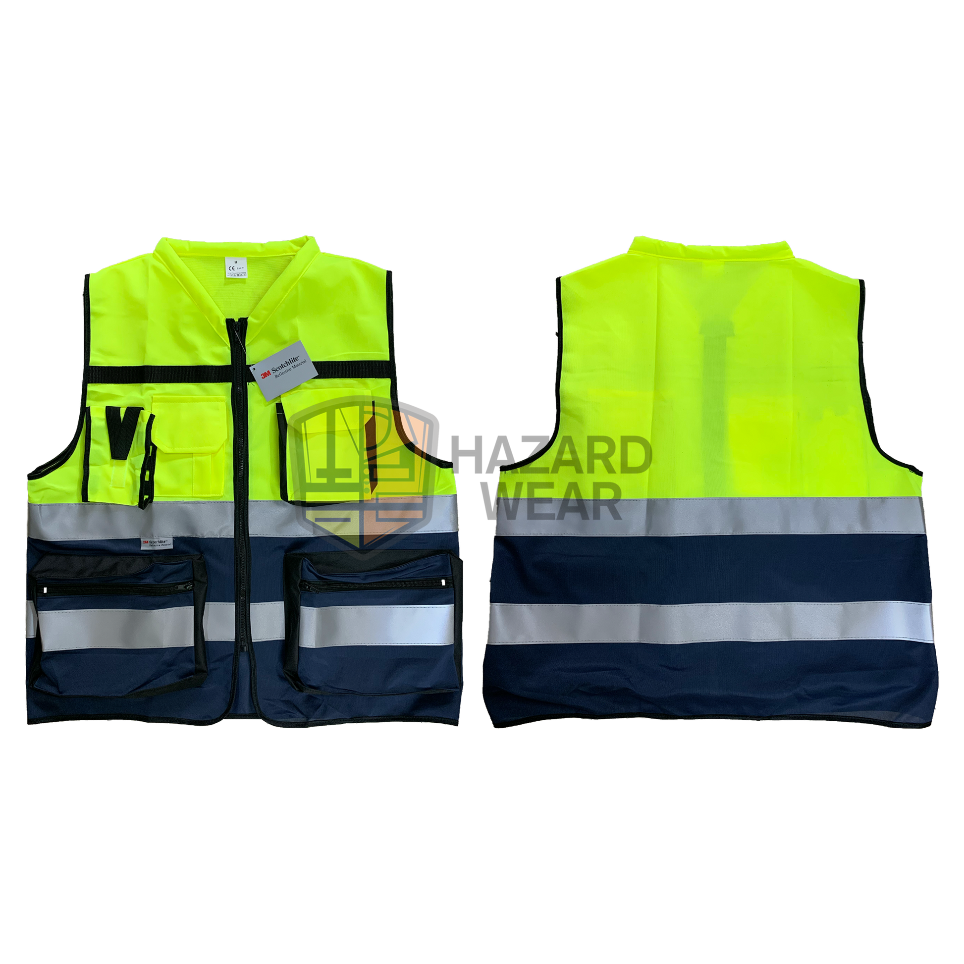HVSA08 3M Two Tone Safety Vest with green and navy blue 3m reflective tapes with multiple functional pockets Designed for construction workers, road workers, security guards, warehouse staff, emergency responders, cyclists, and more. Customization available