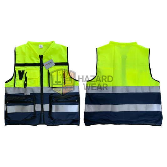 HVSA08 3M Two Tone Safety Vest with green and navy blue 3m reflective tapes with multiple functional pockets Designed for construction workers, road workers, security guards, warehouse staff, emergency responders, cyclists, and more. Customization available