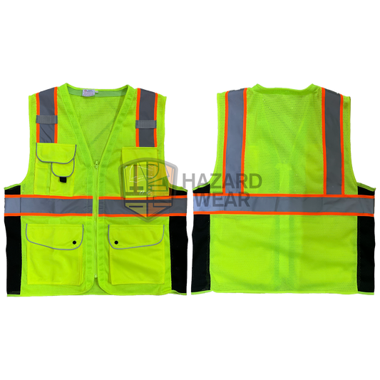 HVSA18 Green Safety Vest with back H shape with many functional pockets, zip closure Designed for construction workers, road workers, security guards, warehouse staff, emergency responders, cyclists, and more. Customization available